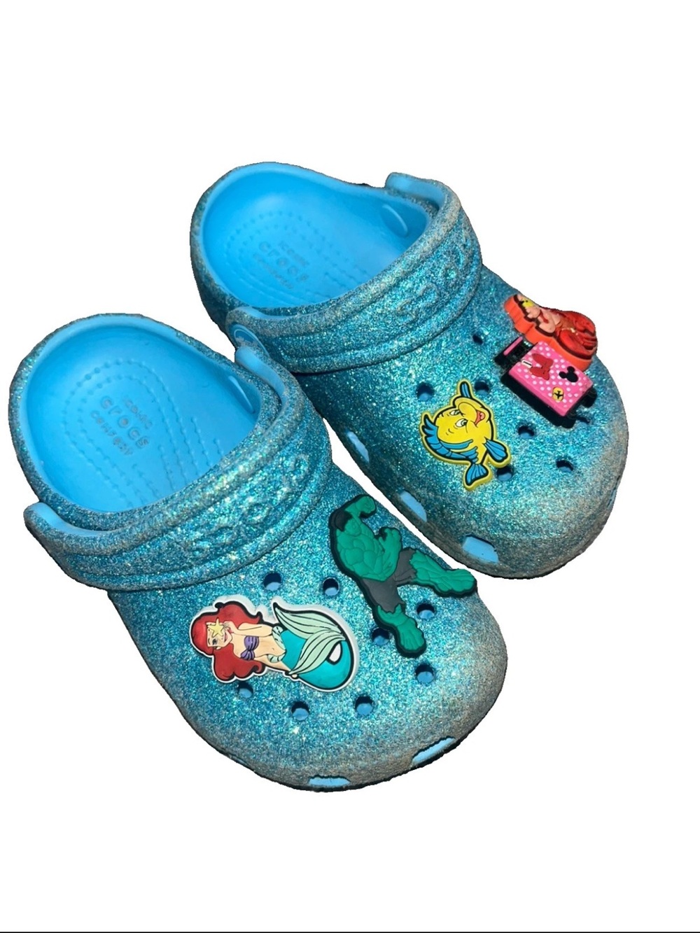 Crocs Blue Glitter Shimmer Slip On Shoes Size 8 Kids With Charms